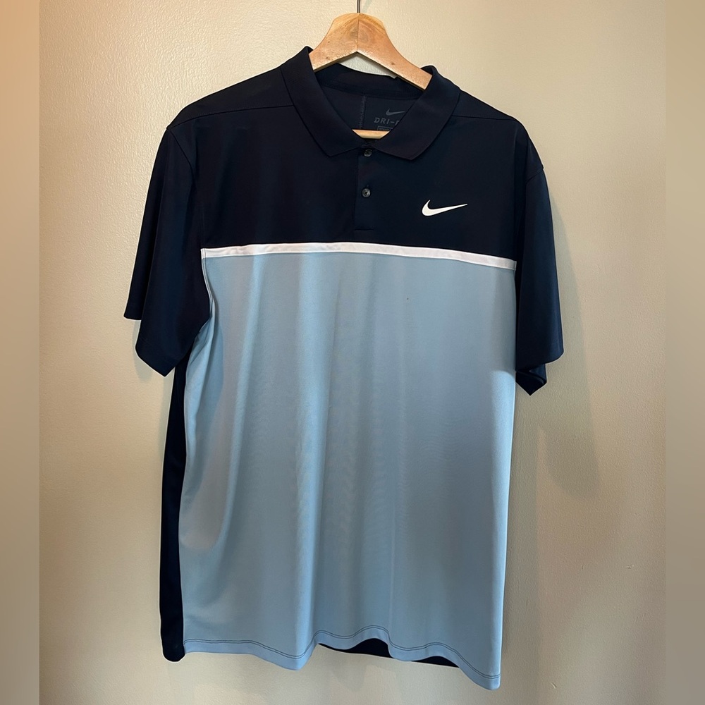 Nike Dri-FIT Mens Polo Shirt Navy and Light Blue Colorblock Golf Top